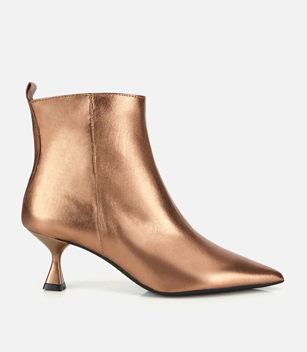 Kadın Deri Bronz Sivri Burunlu Bilekte Topuklu Bot