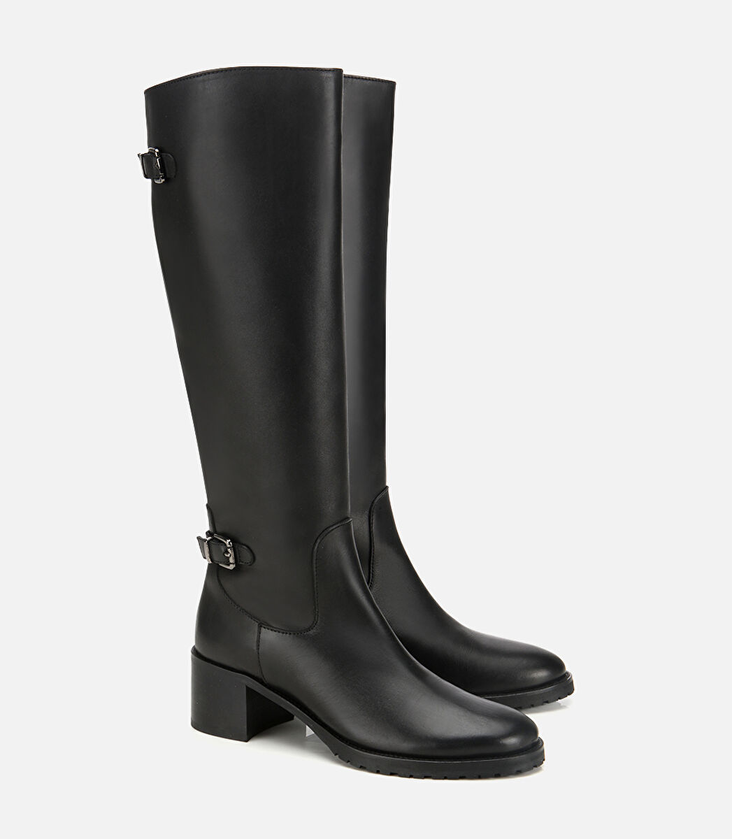 Kadın Deri Siyah Tokalı Topuklu Çizme