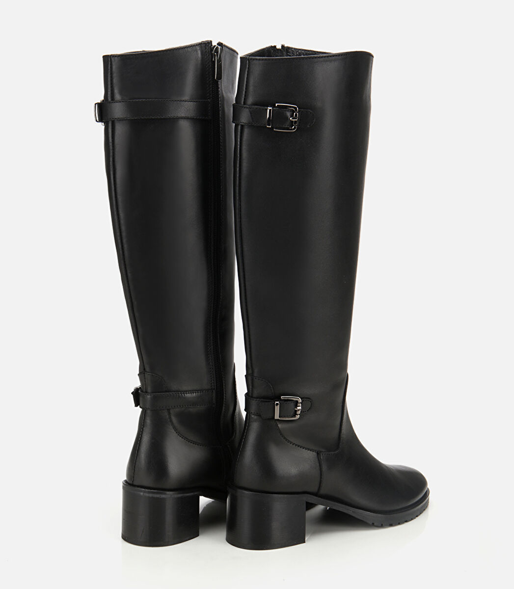 Kadın Deri Siyah Tokalı Topuklu Çizme