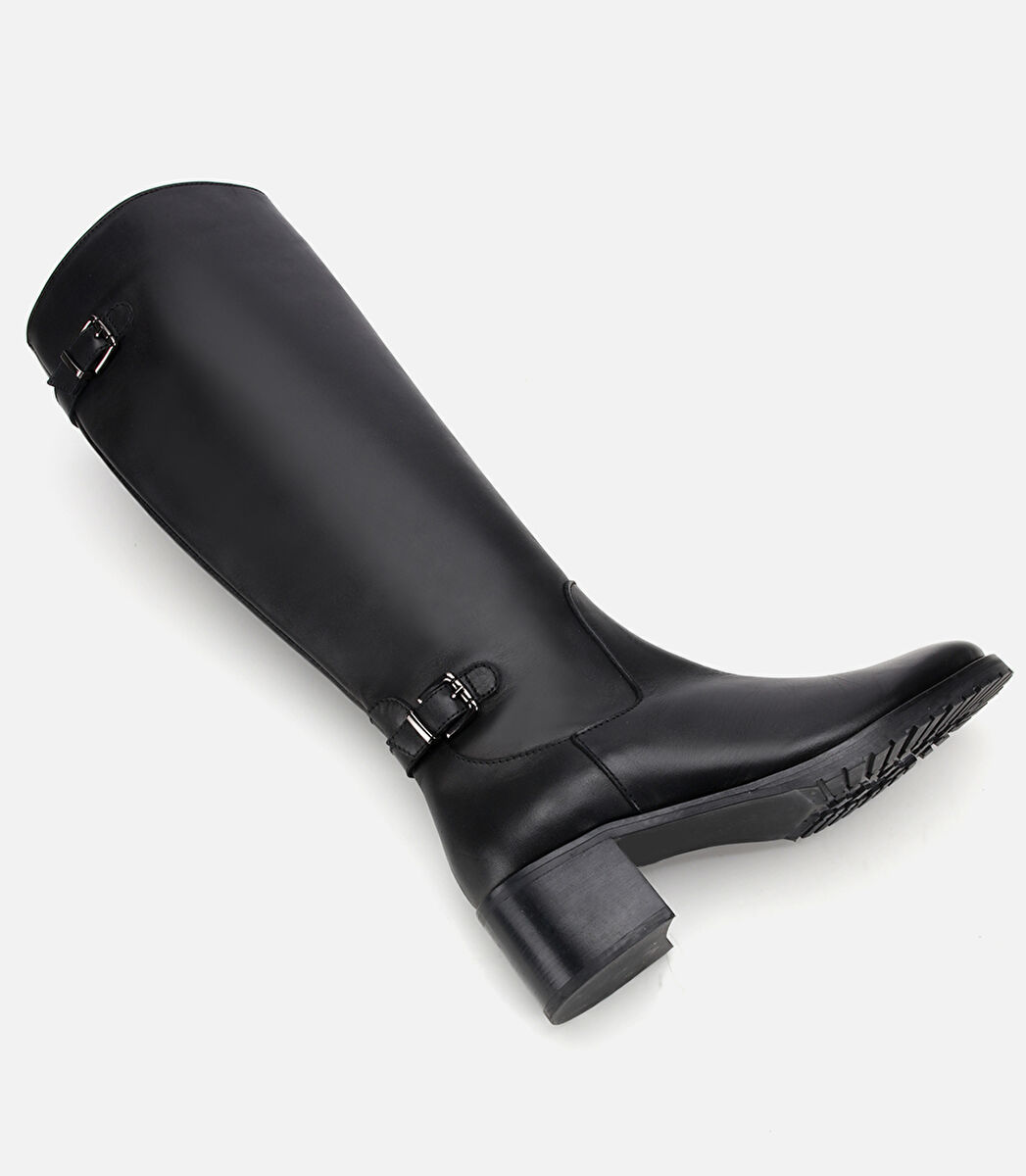 Kadın Deri Siyah Tokalı Topuklu Çizme
