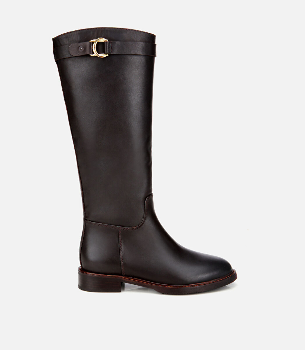 Kadın Deri Kahverengi Tokalı Binici Düz Çizme