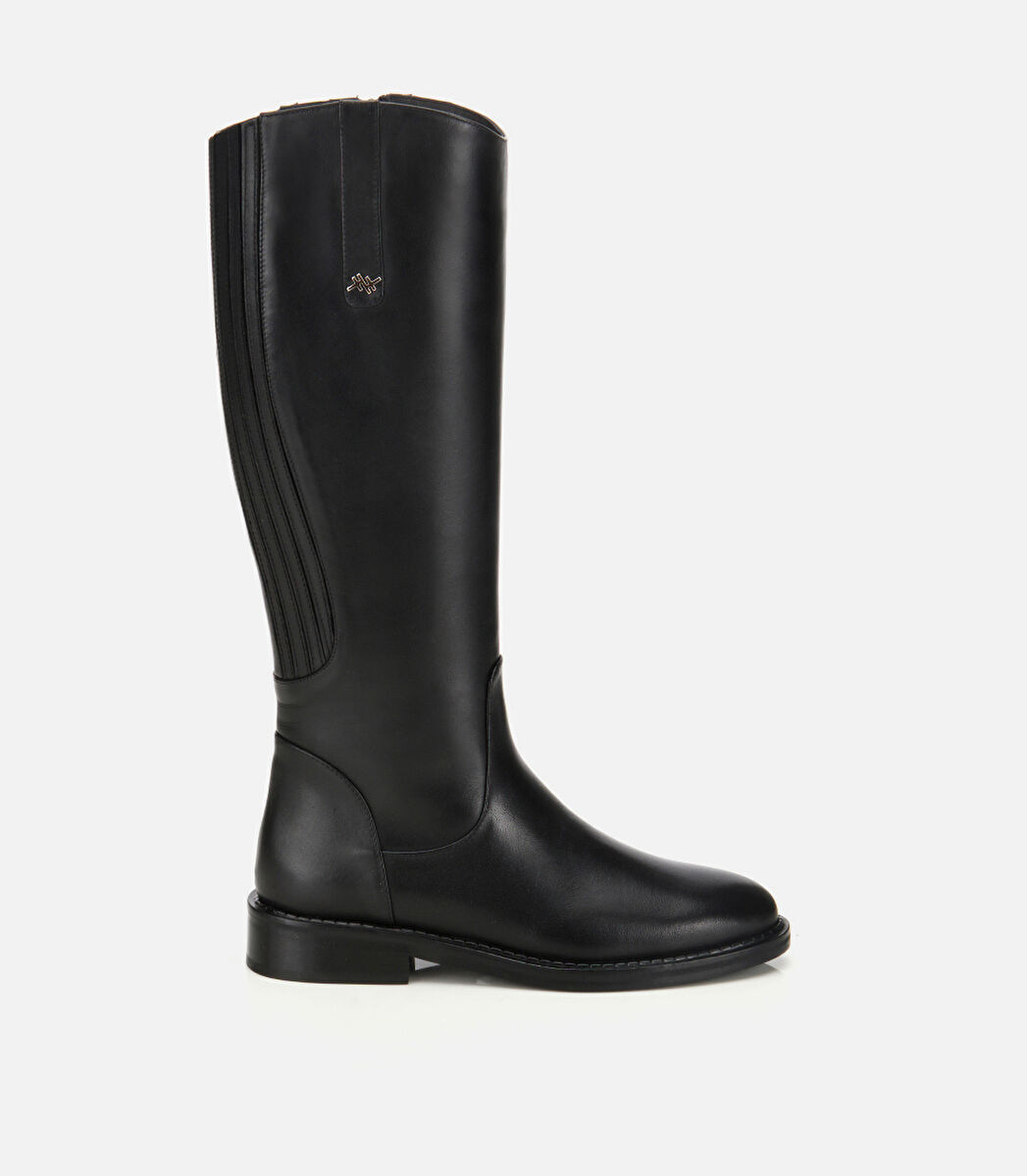 Kadın Deri Siyah Lastik Detaylı Binici Düz Çizme