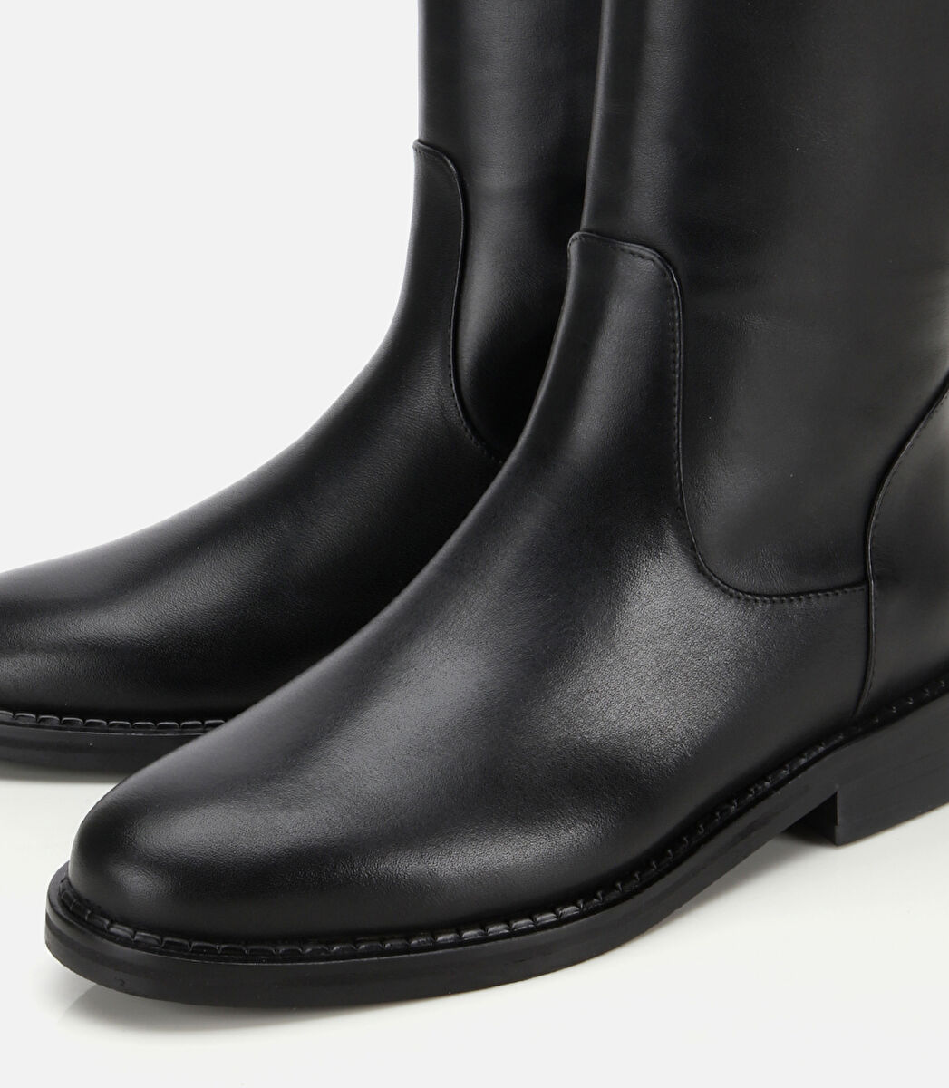 Kadın Deri Siyah Lastik Detaylı Binici Düz Çizme