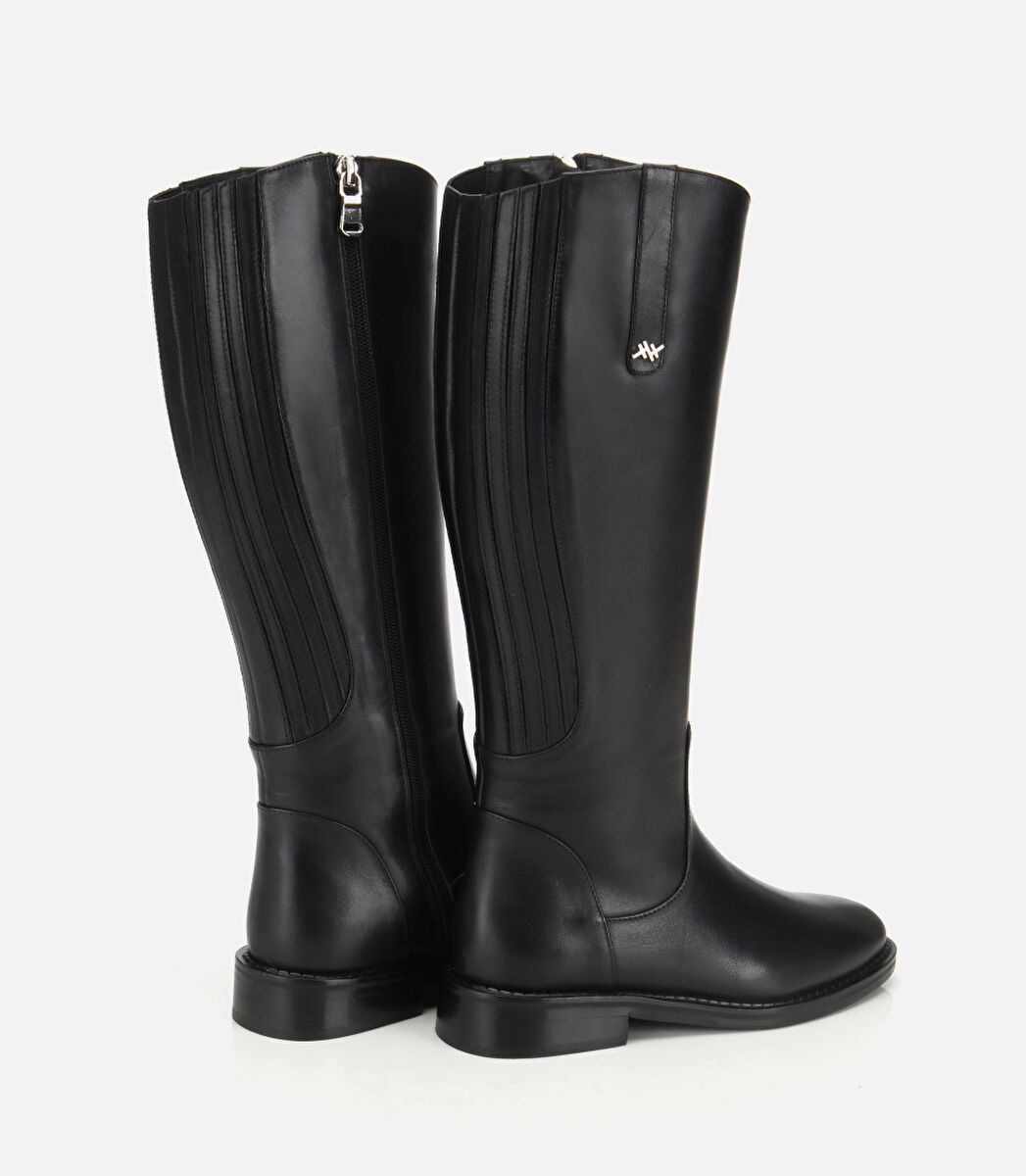 Kadın Deri Siyah Lastik Detaylı Binici Düz Çizme