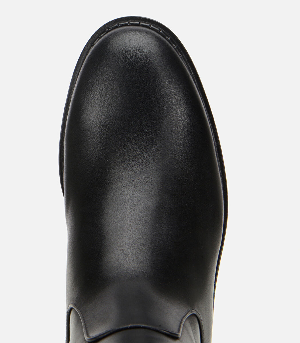 Kadın Deri Siyah Lastik Detaylı Binici Düz Çizme