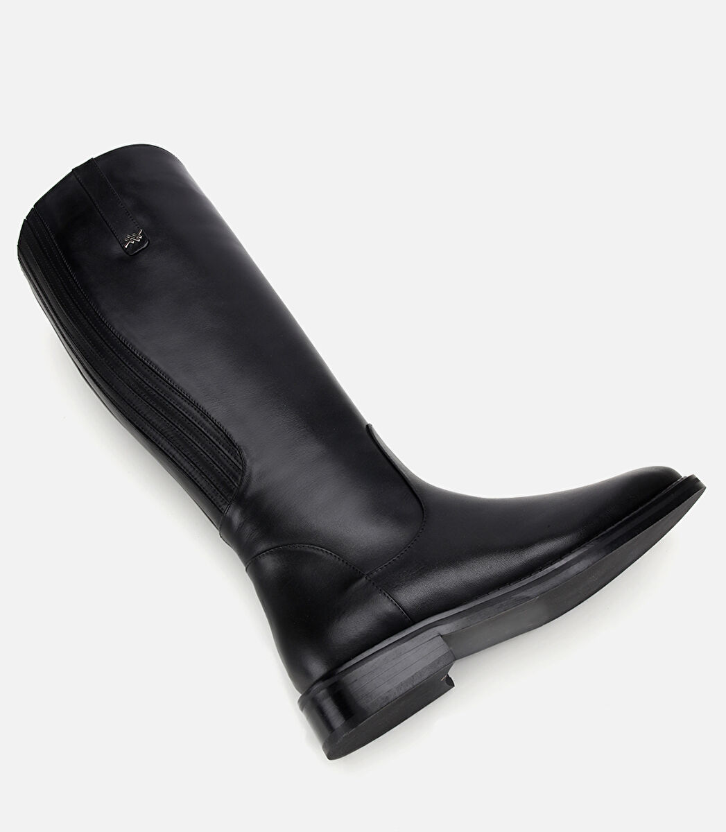 Kadın Deri Siyah Lastik Detaylı Binici Düz Çizme