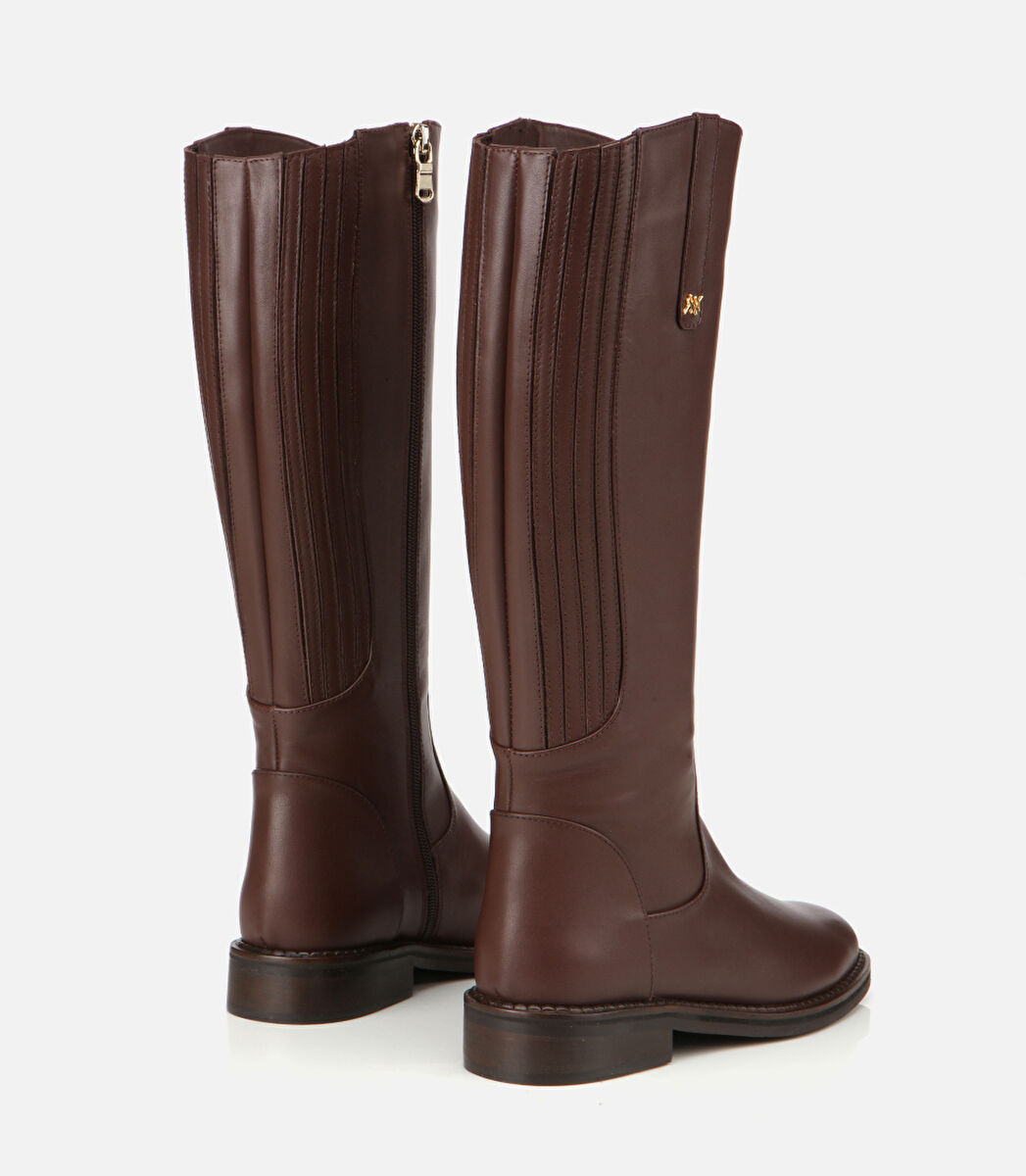 Kadın Deri Kahverengi Lastik Detaylı Binci Düz Çizme