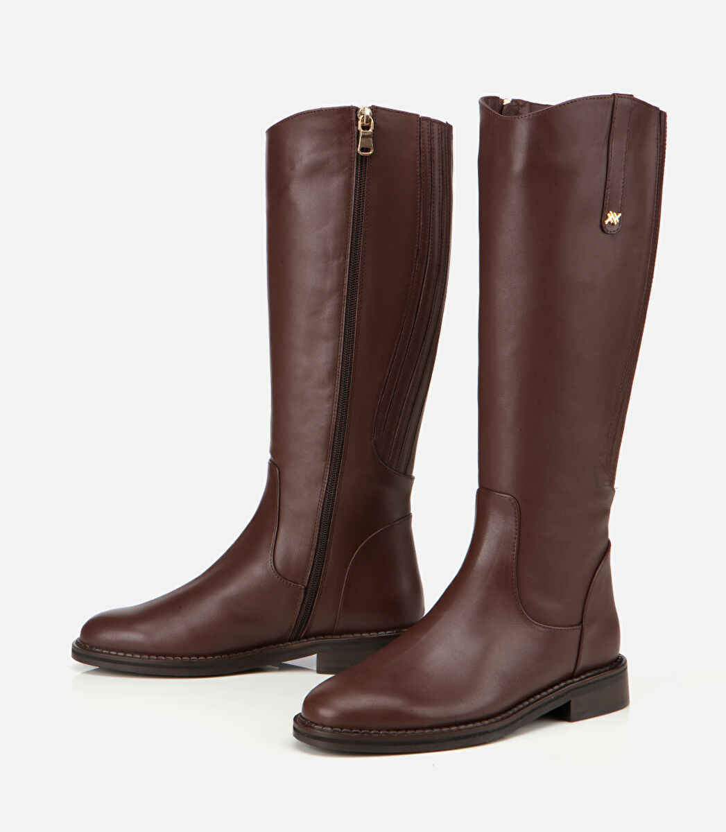 Kadın Deri Kahverengi Lastik Detaylı Binci Düz Çizme