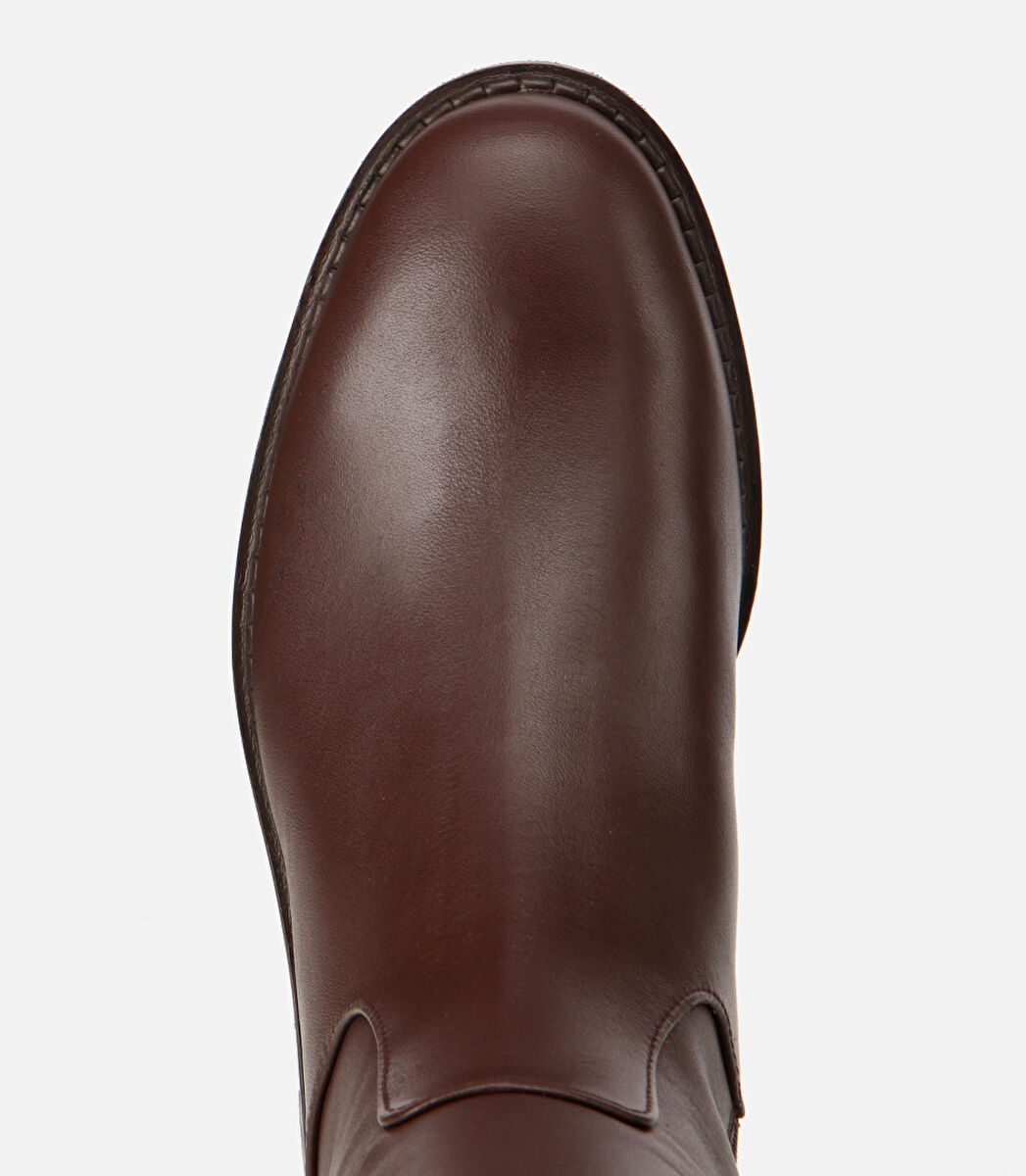 Kadın Deri Kahverengi Lastik Detaylı Binci Düz Çizme