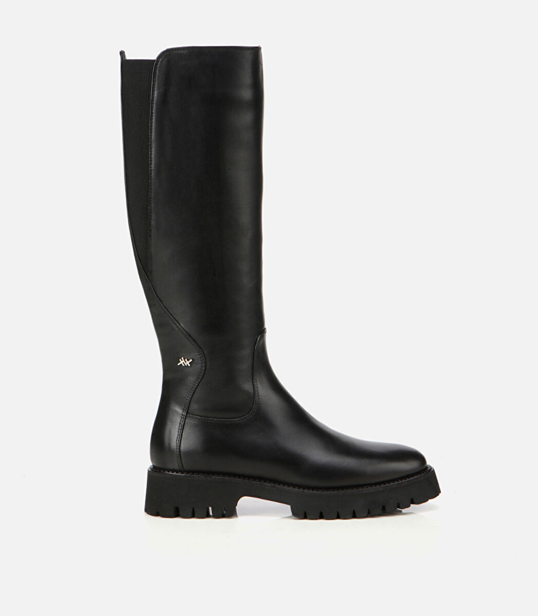 Kadın Deri Siyah Lastik Detaylı Binici Düz Çizme