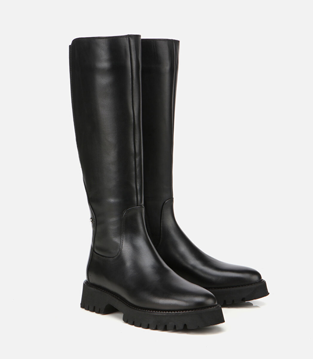 Kadın Deri Siyah Lastik Detaylı Binici Düz Çizme