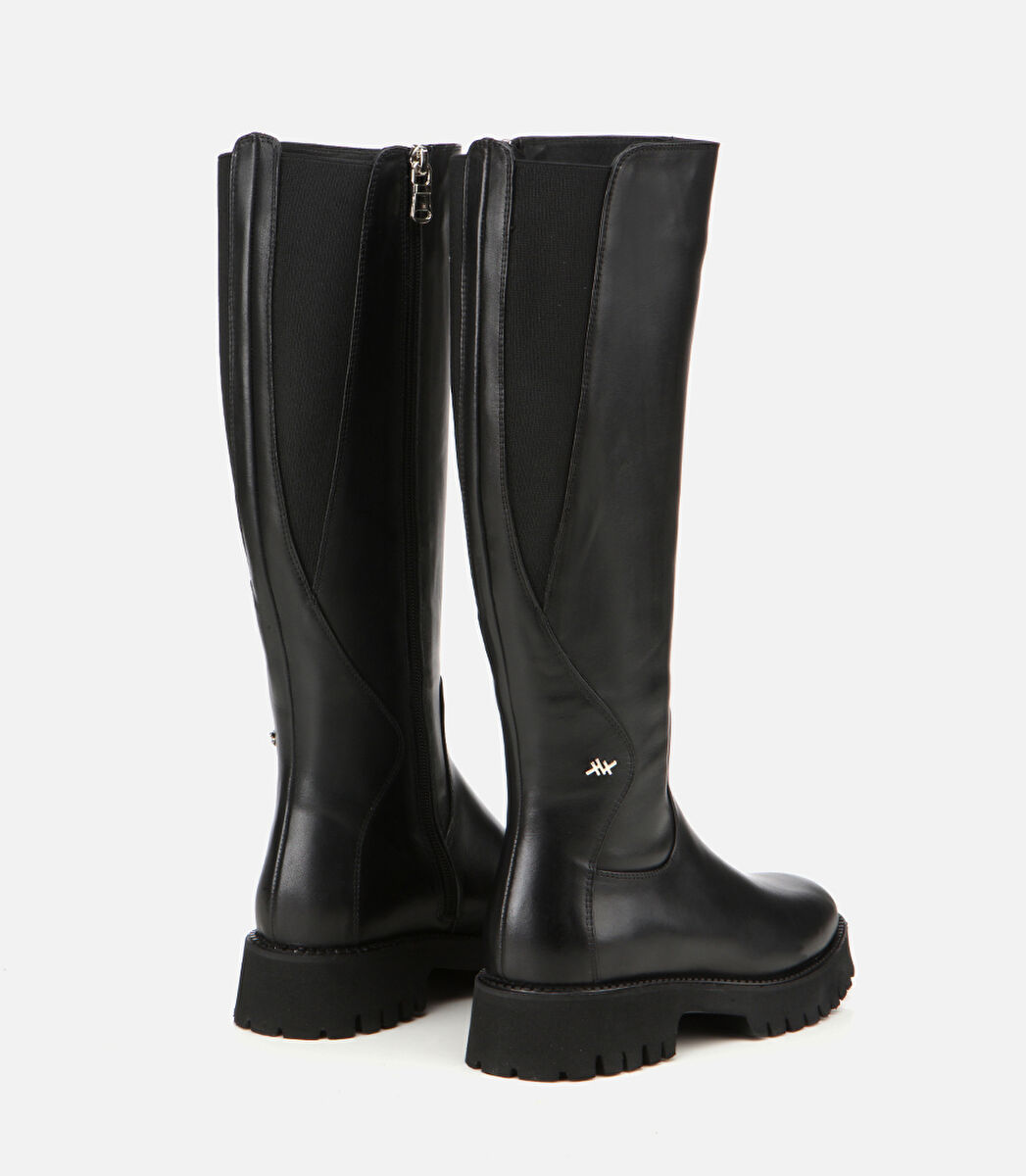 Kadın Deri Siyah Lastik Detaylı Binici Düz Çizme