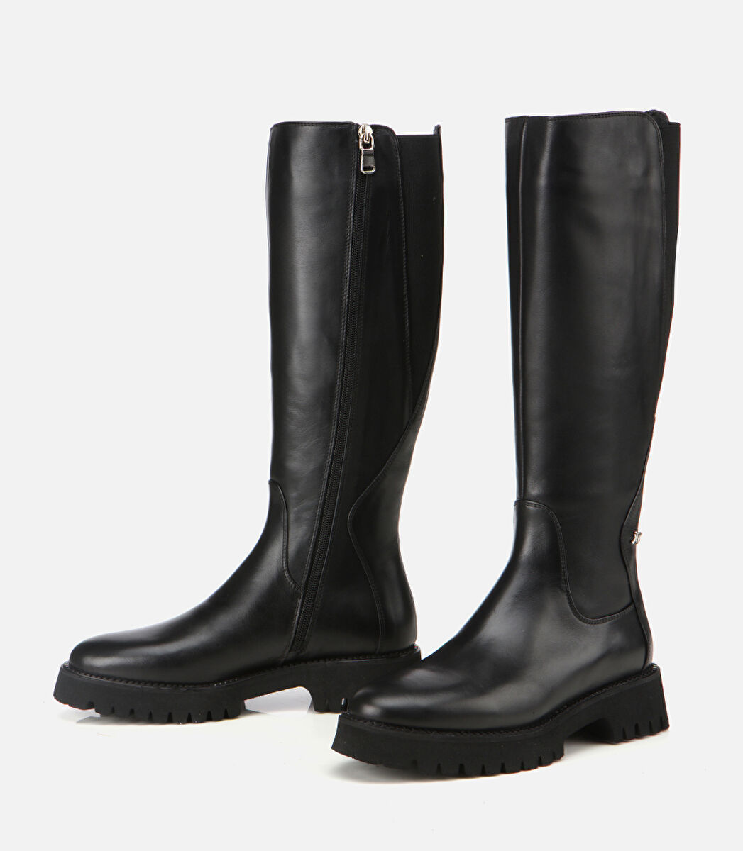 Kadın Deri Siyah Lastik Detaylı Binici Düz Çizme