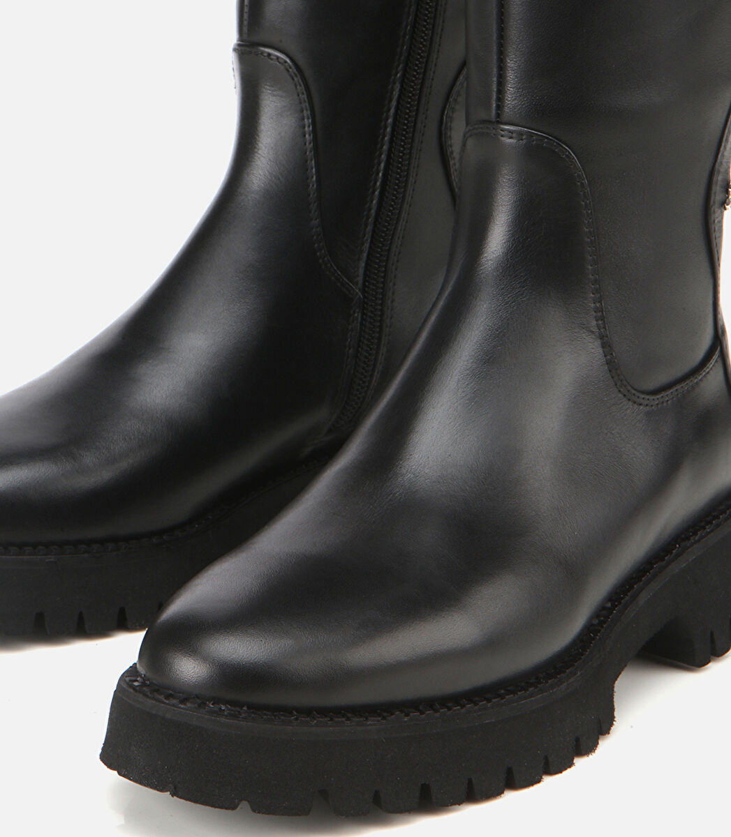 Kadın Deri Siyah Lastik Detaylı Binici Düz Çizme