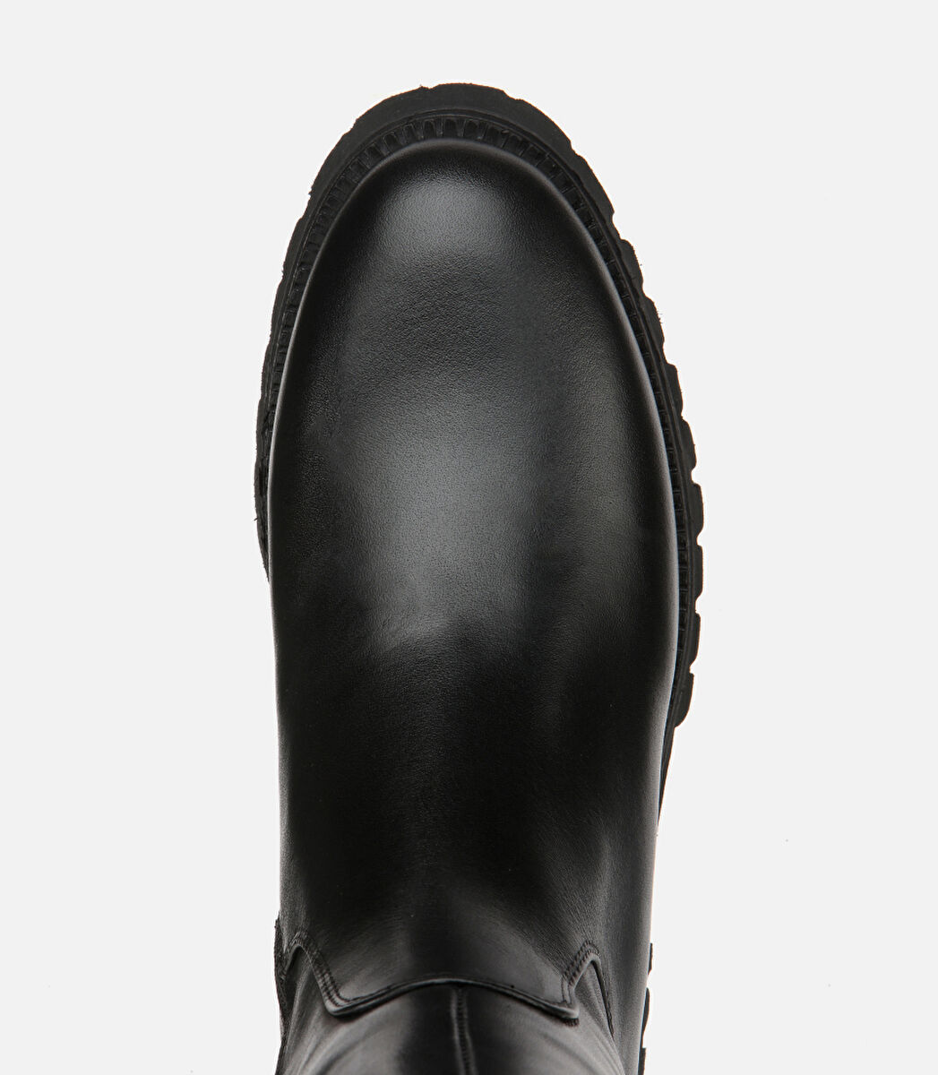 Kadın Deri Siyah Lastik Detaylı Binici Düz Çizme