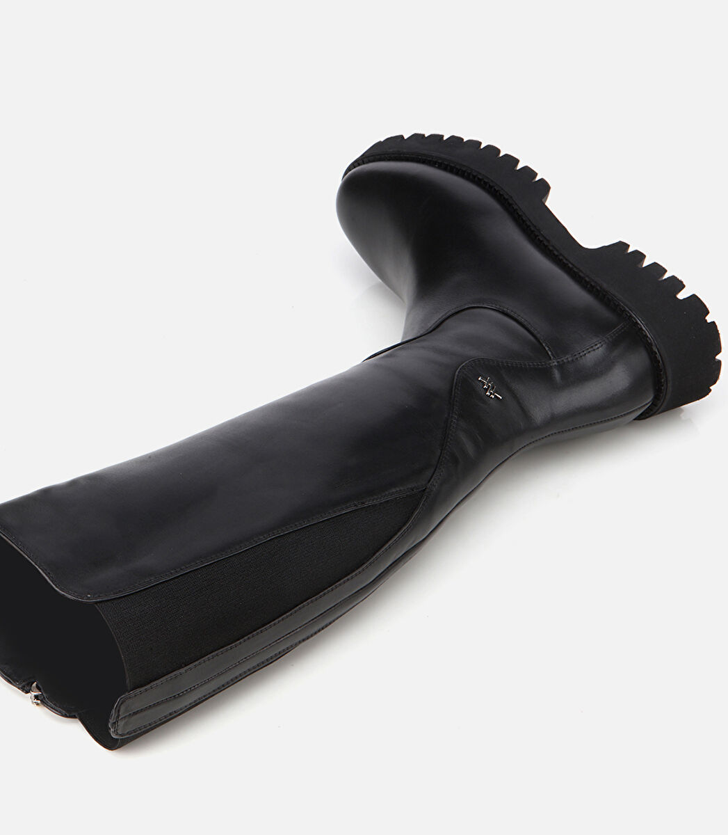 Kadın Deri Siyah Lastik Detaylı Binici Düz Çizme