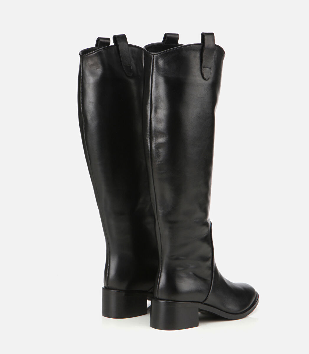 Kadın Deri Siyah Binici Uzun Düz Çizme