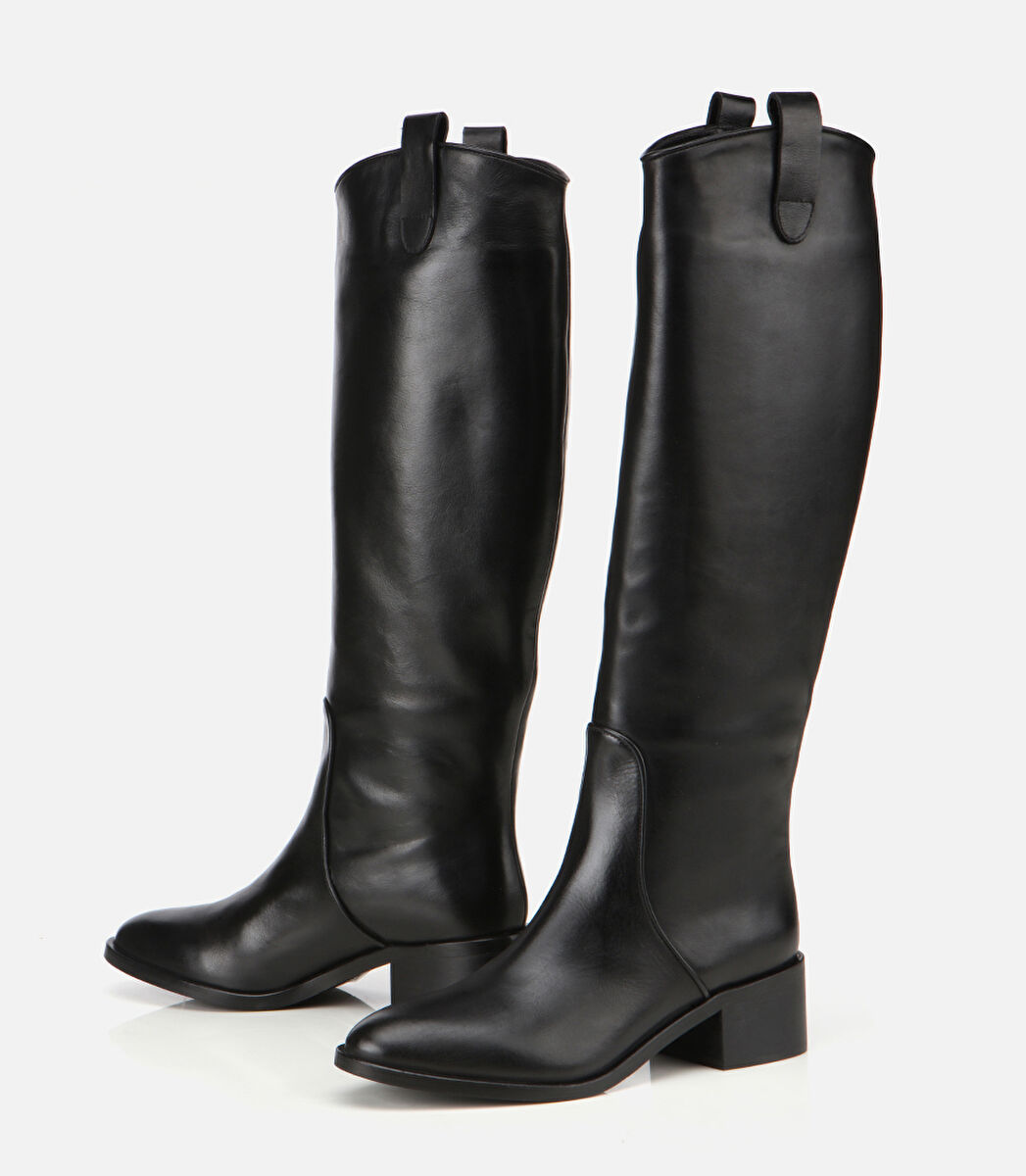 Kadın Deri Siyah Binici Uzun Düz Çizme