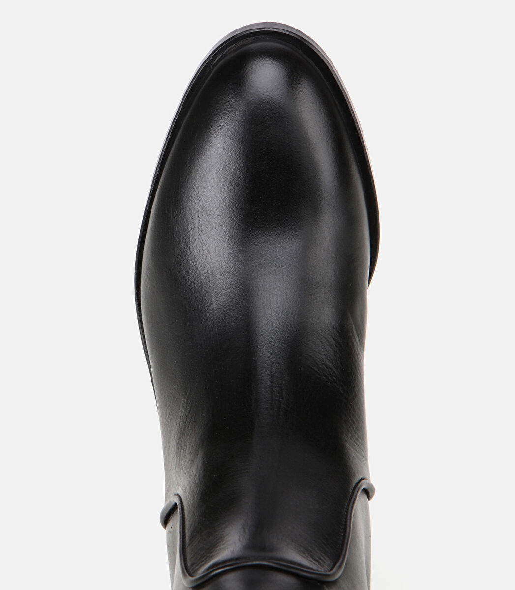 Kadın Deri Siyah Binici Uzun Düz Çizme