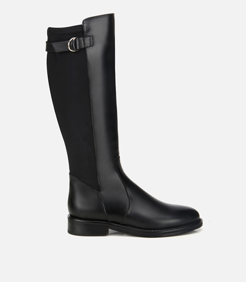 Kadın Deri Siyah Tokalı Streç Detaylı Düz Çizme