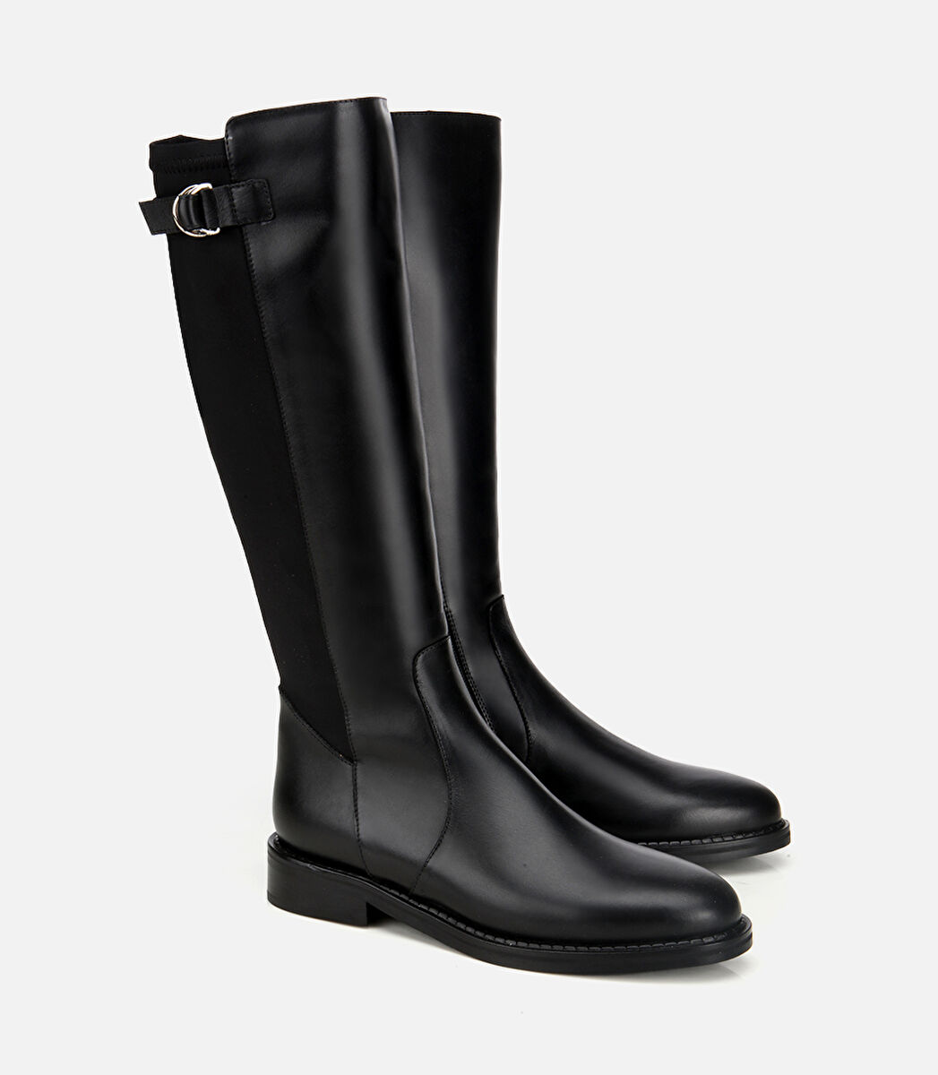 Kadın Deri Siyah Tokalı Streç Detaylı Düz Çizme