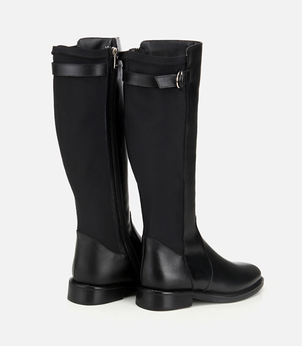 Kadın Deri Siyah Tokalı Streç Detaylı Düz Çizme