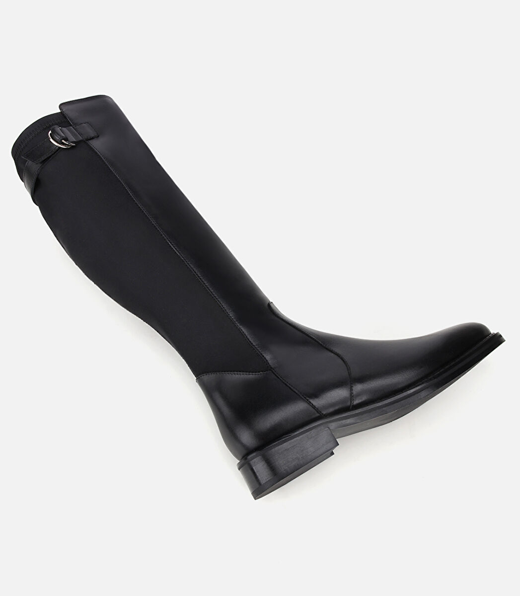 Kadın Deri Siyah Tokalı Streç Detaylı Düz Çizme