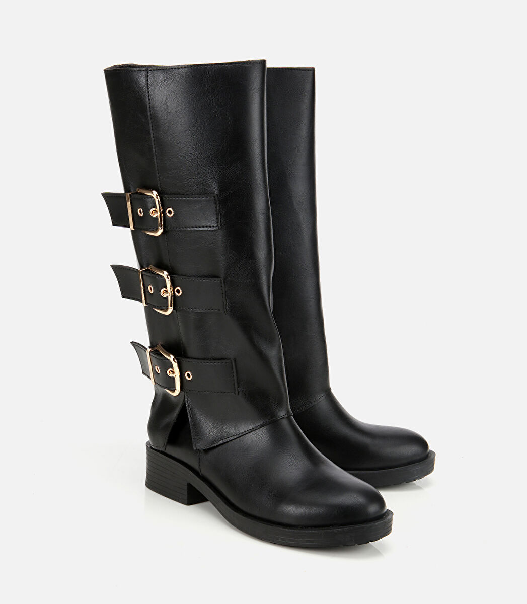 Kadın Siyah Tokalı Düz Çizme