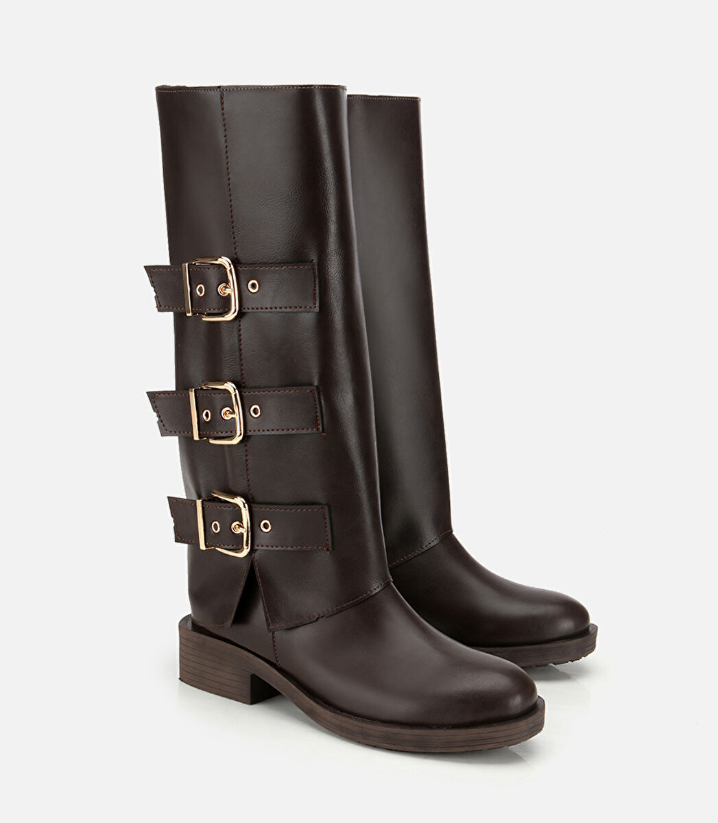 Kadın Kahverengi Tokalı Düz Çizme