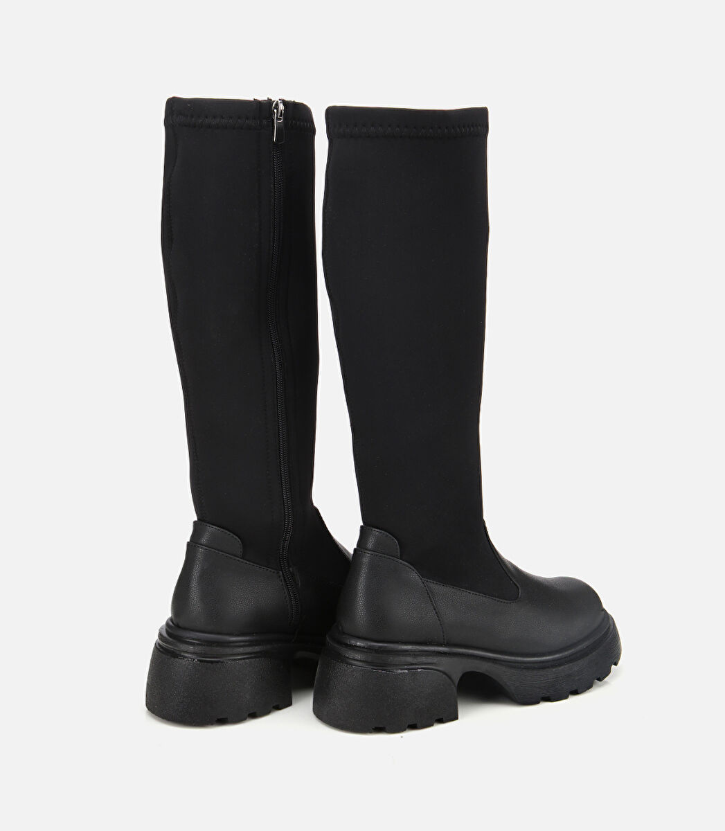 Kadın Siyah Streç Kalın Tabanlı Düz Çizme