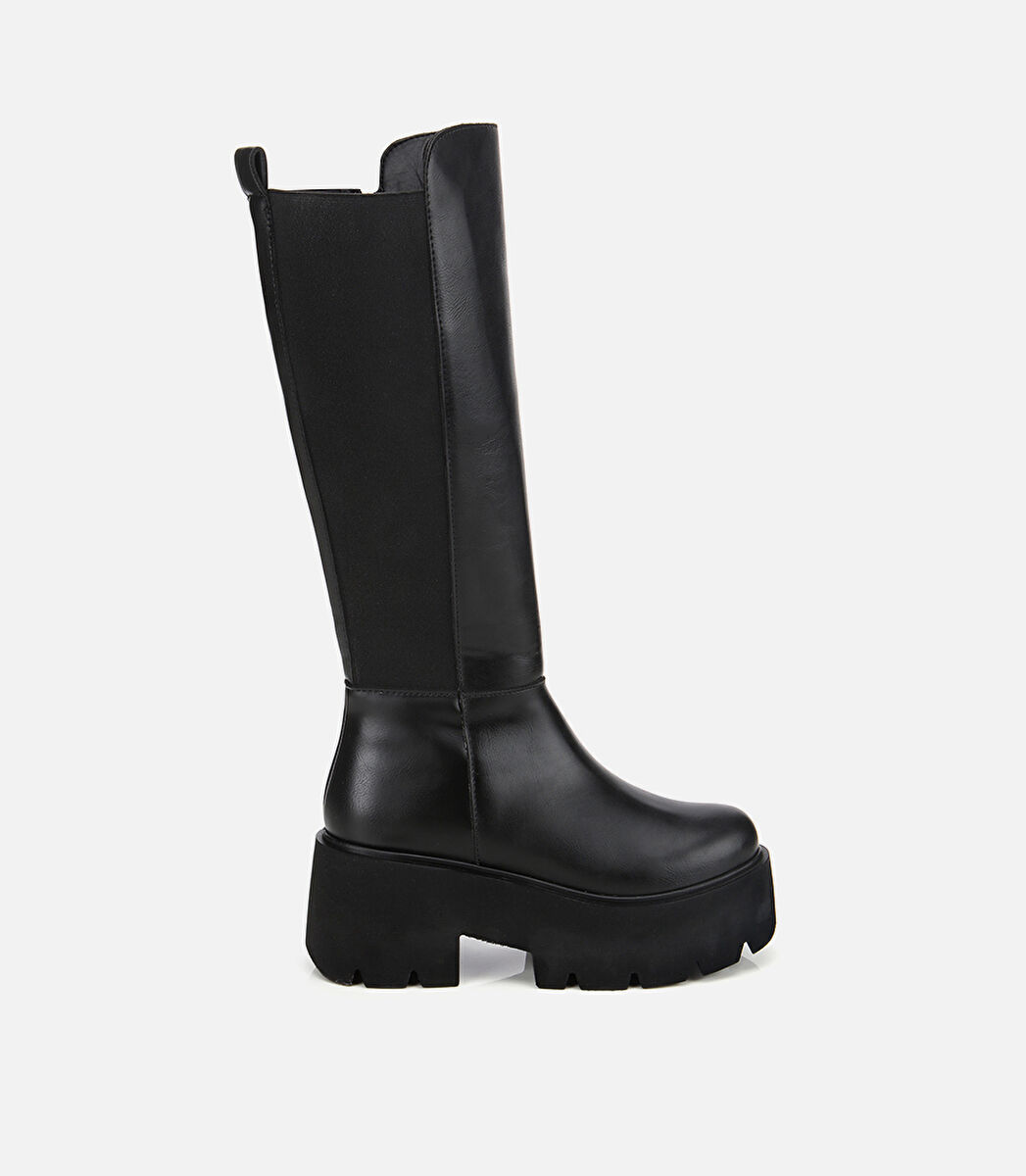 Kadın Siyah Streç Kalın Tabanlı Düz Çizme
