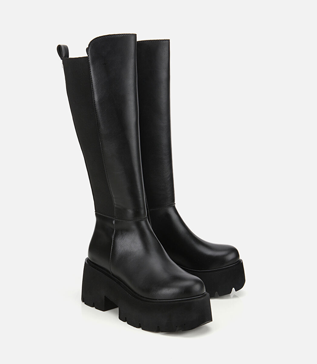 Kadın Siyah Streç Kalın Tabanlı Düz Çizme