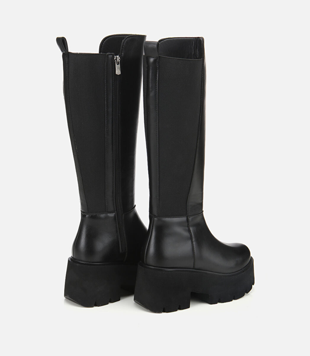 Kadın Siyah Streç Kalın Tabanlı Düz Çizme