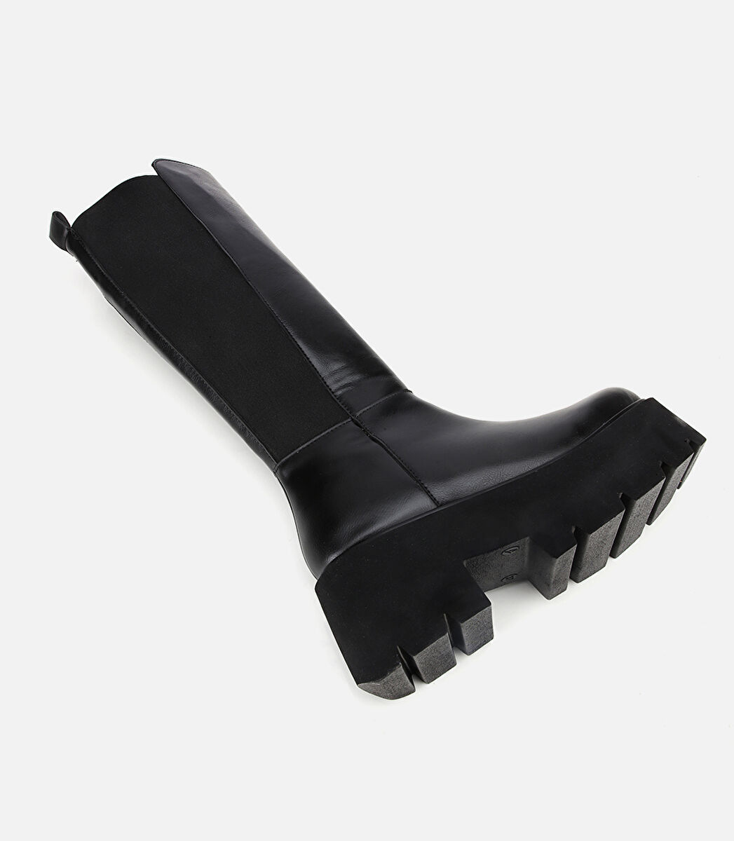 Kadın Siyah Streç Kalın Tabanlı Düz Çizme