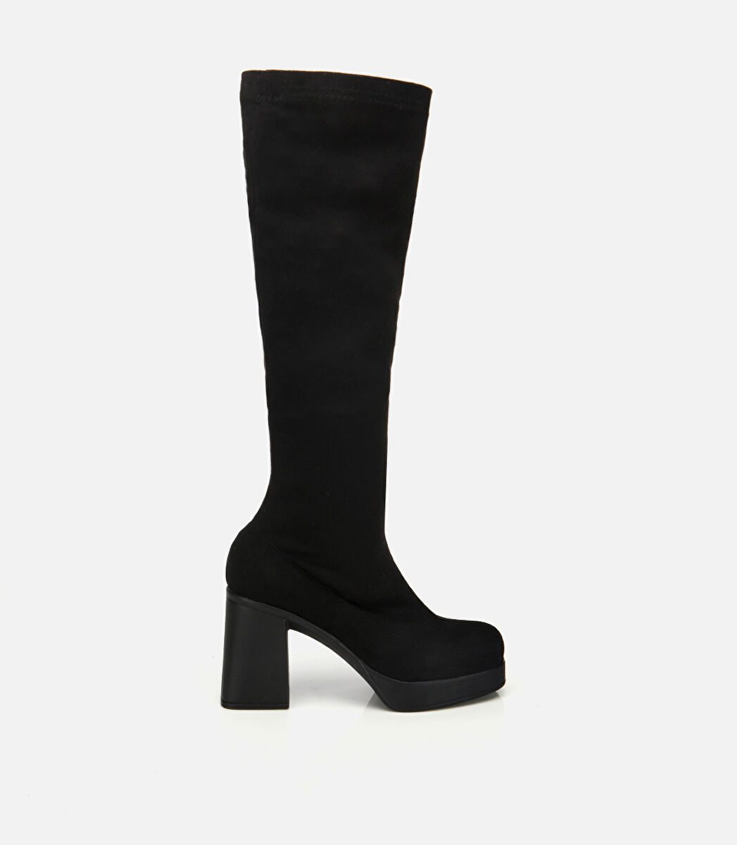 Kadın Siyah Streç Kalın Tabanlı Yüksek Topuklu Çizme