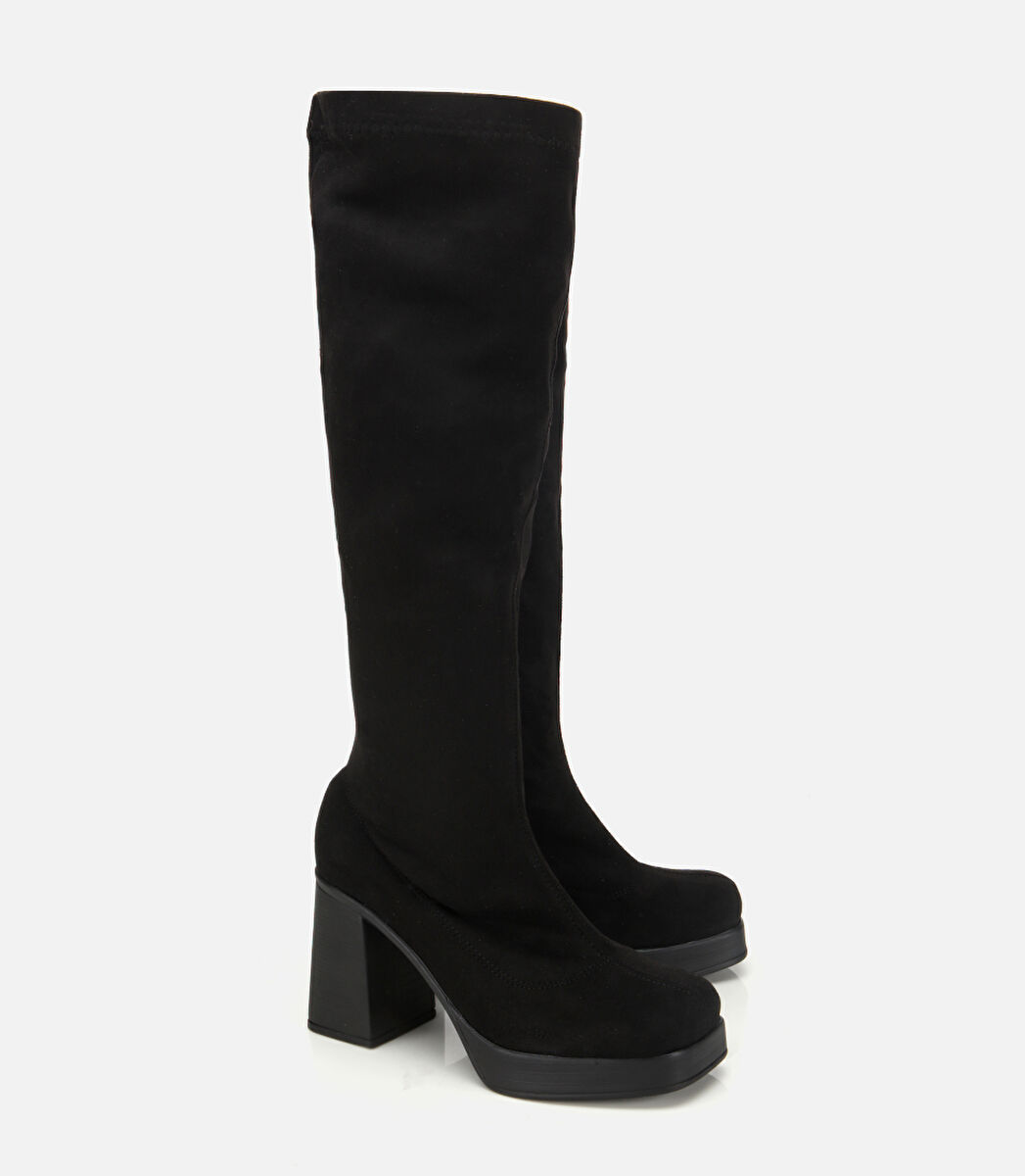 Kadın Siyah Streç Kalın Tabanlı Yüksek Topuklu Çizme