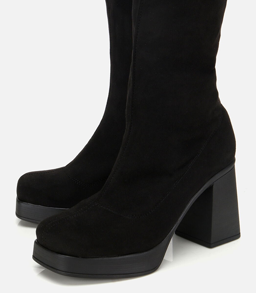 Kadın Siyah Streç Kalın Tabanlı Yüksek Topuklu Çizme