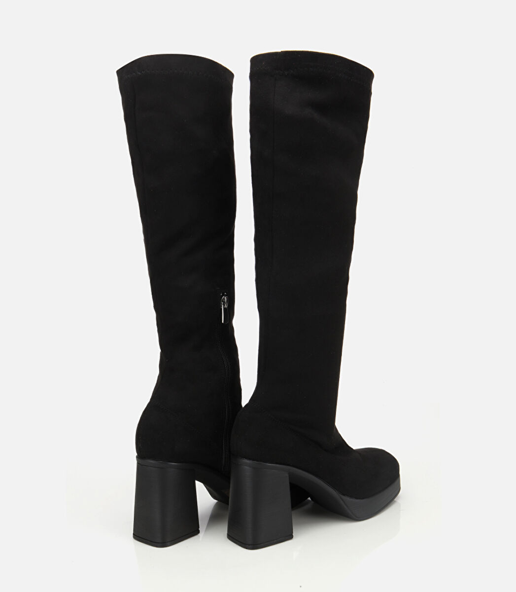 Kadın Siyah Streç Kalın Tabanlı Yüksek Topuklu Çizme