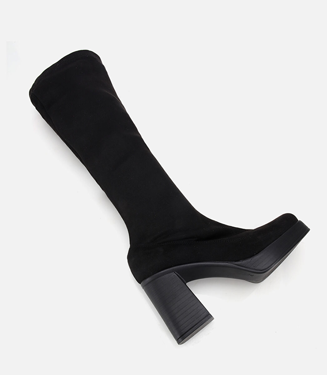 Kadın Siyah Streç Kalın Tabanlı Yüksek Topuklu Çizme