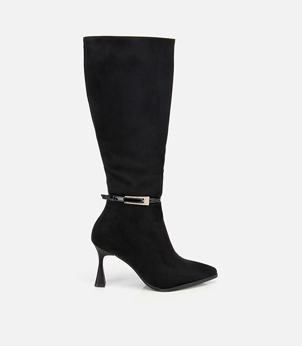 Kadın Süet Siyah Tokalı İnce Topuklu Bot