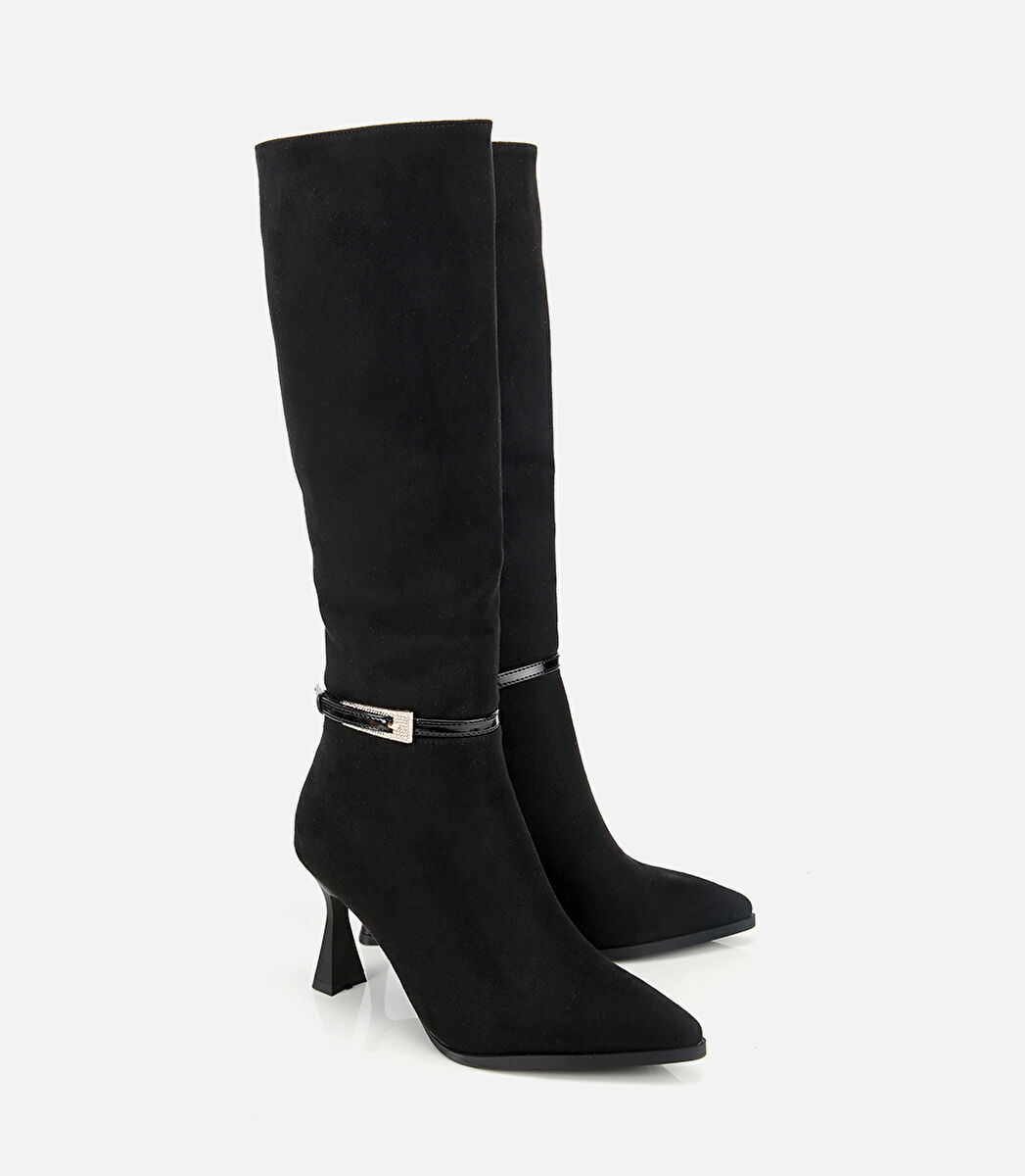 Kadın Süet Siyah Tokalı İnce Topuklu Bot