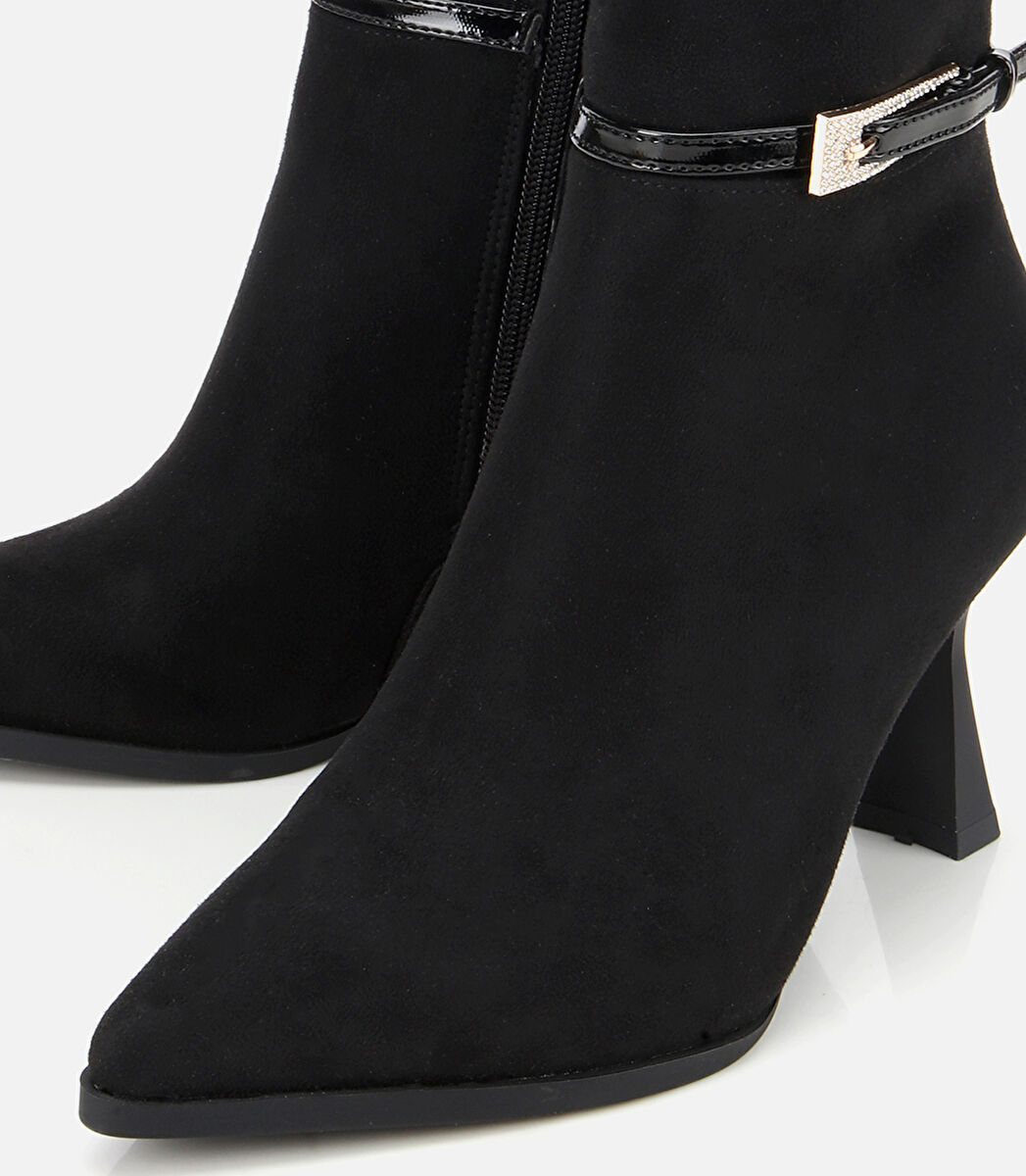 Kadın Süet Siyah Tokalı İnce Topuklu Bot