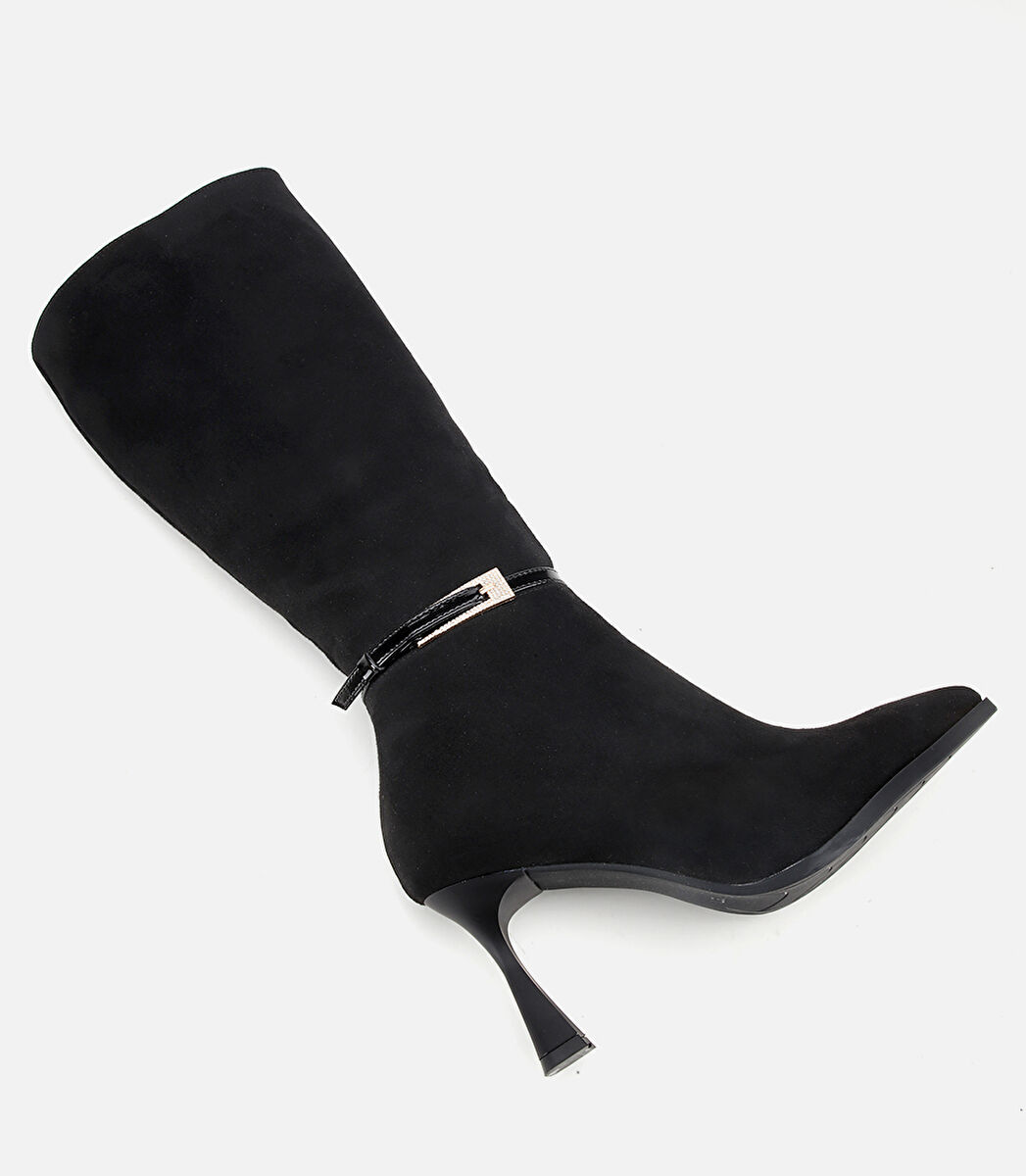Kadın Süet Siyah Tokalı İnce Topuklu Bot