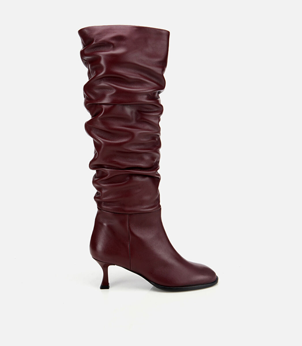 Kadın Deri Bordo Kırışık İnce Topuklu Çizme