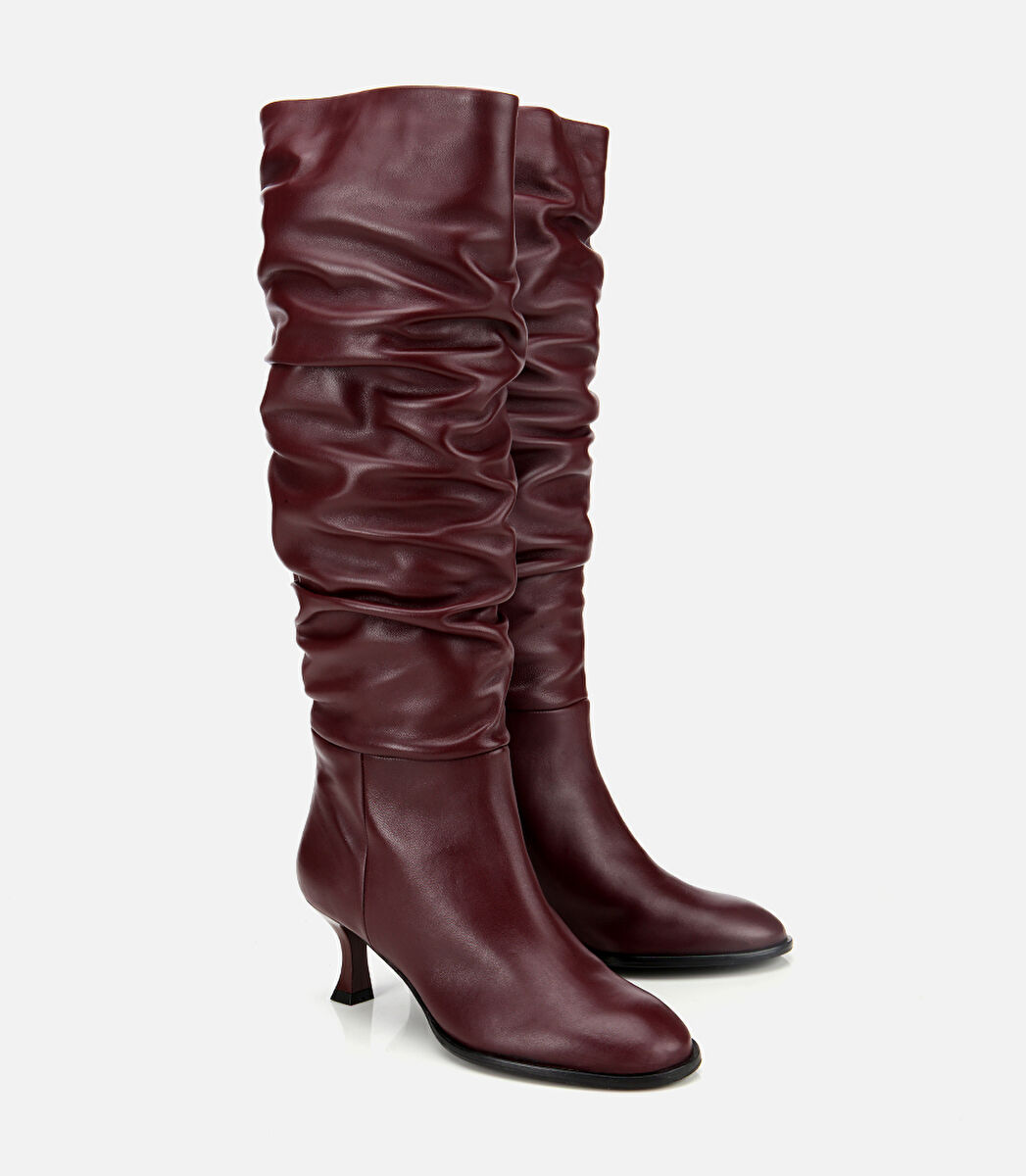 Kadın Deri Bordo Kırışık İnce Topuklu Çizme