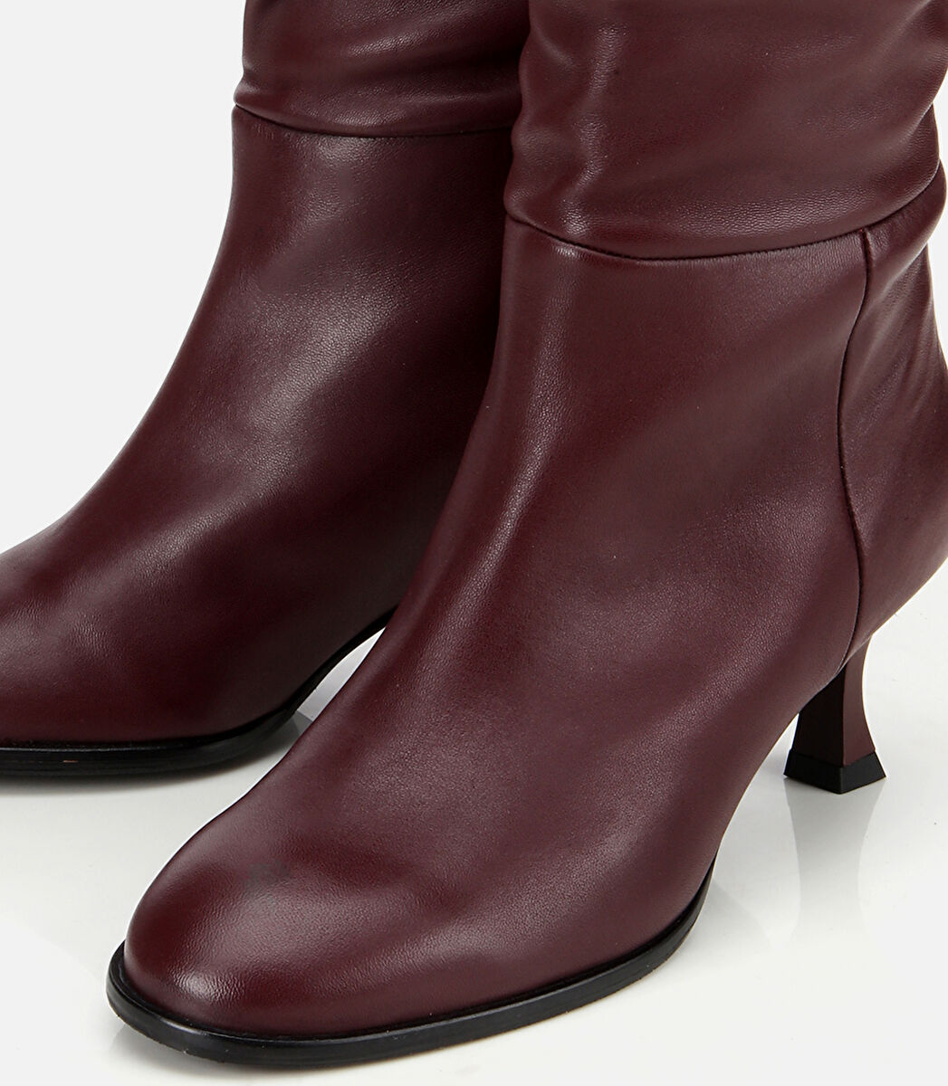 Kadın Deri Bordo Kırışık İnce Topuklu Çizme