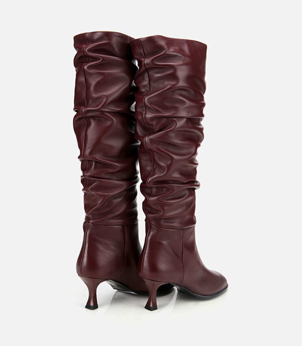 Kadın Deri Bordo Kırışık İnce Topuklu Çizme