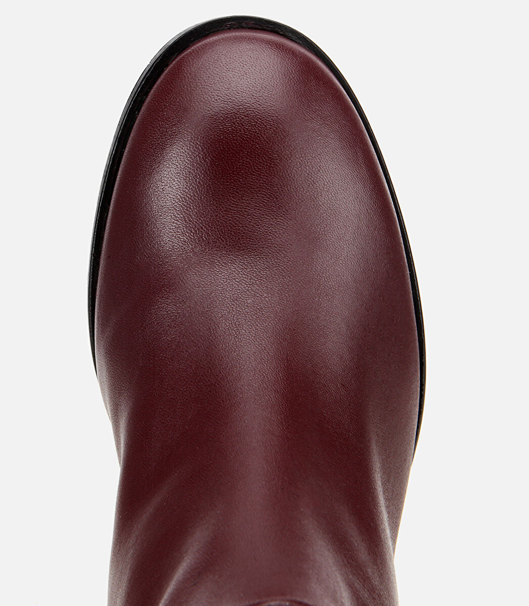 Kadın Deri Bordo Kırışık İnce Topuklu Çizme
