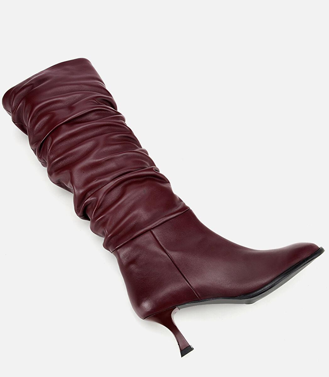Kadın Deri Bordo Kırışık İnce Topuklu Çizme