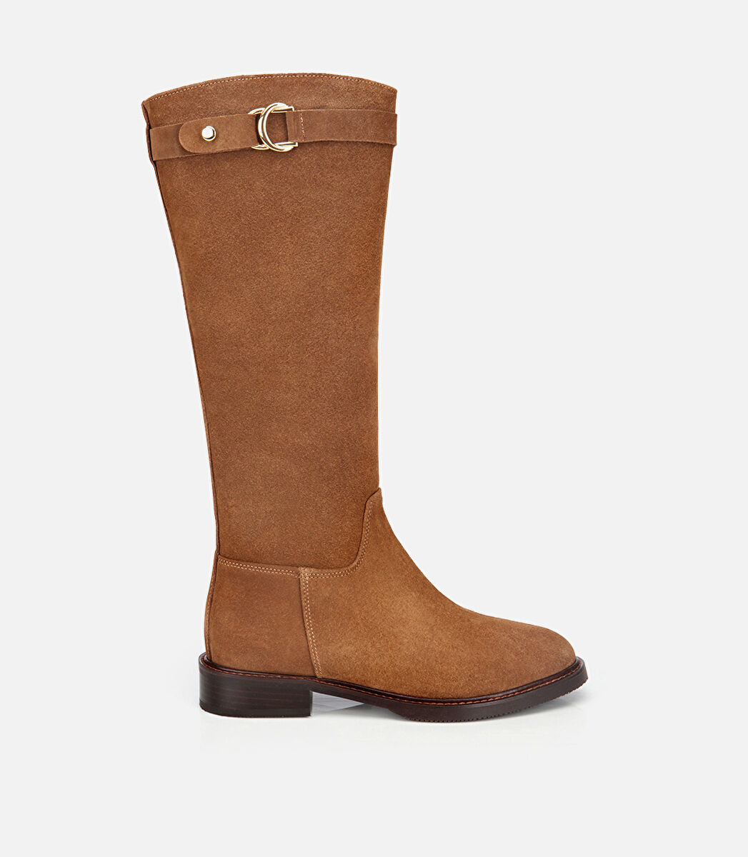 Kadın Süet Deri Taba Tokalı Binici Düz Çizme